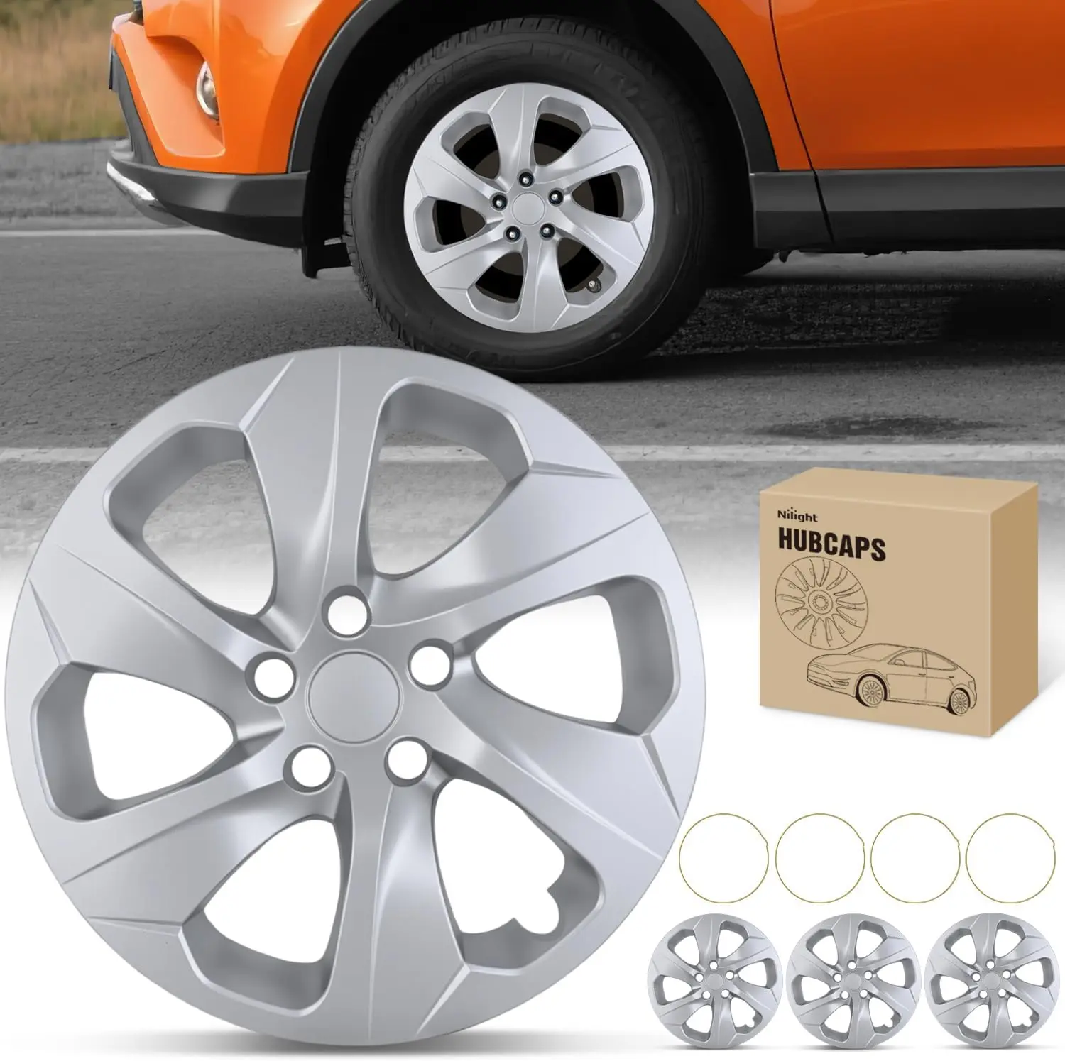 Nilight 17-Inch Silver ABS+PC Wheel Cover Hubcaps Set of 4 for Toyota RAV4 2019-2025, Vehicle Rim Protector Replacement (42602-0R040, 42602-42040) Car Exterior Accessories, Car Accessories, Vehicle Accessories