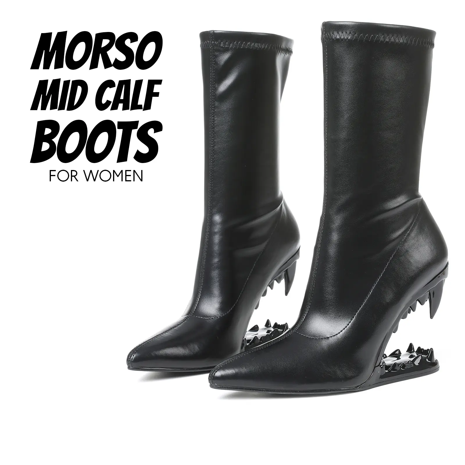 Womens Morso Mid Calf Boots Closed Pointed Toe Metallic Tiger Teeth Elegant Hollow Shaped Heeled Comfy Shark Teeth Boot Parties Concerts Autumn Fall Winter Spring Summer Club Out Going Fashion Dressy Shoes