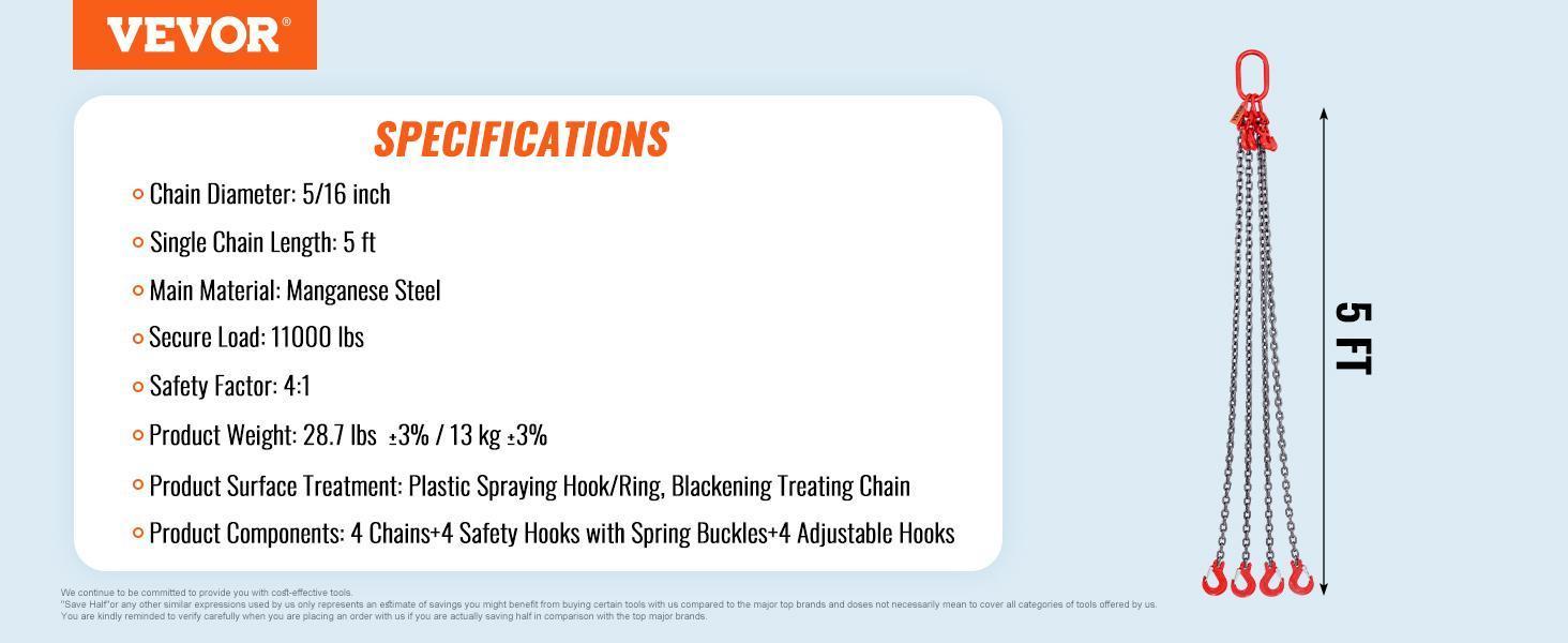 VEVOR Chain Sling, TikTokShopBlackFriday, Max 11000 lbs Weight Capacity, G80 Lifting Chain with Grab Hooks, DOT Certified, Blackening Coating Manganese Steel & Adjustable Length, for Dock Factory Construction Site