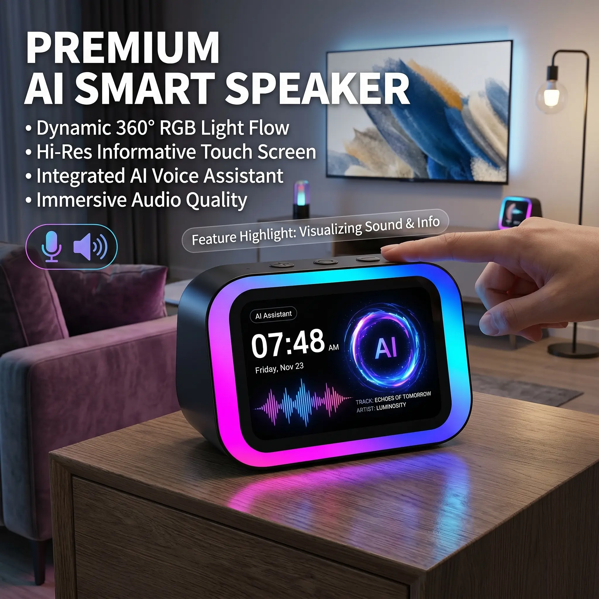 Smart Large Screen White Digital Alarm Clock, AI Voice Assistant Built-in with Weather Information Display, Modern Stylish Room Clock Ideal as Daily Decor for Home and Workplace