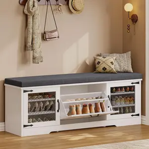 Sikaic 57“ Farmhouse Storage Bench with Flip Drawers & Padded Seat Cushion, Half Hidden Shoe Rack Organizer, Adjustable Shelf Shoe Cabinet for Entryway, Bedroom, Living Room