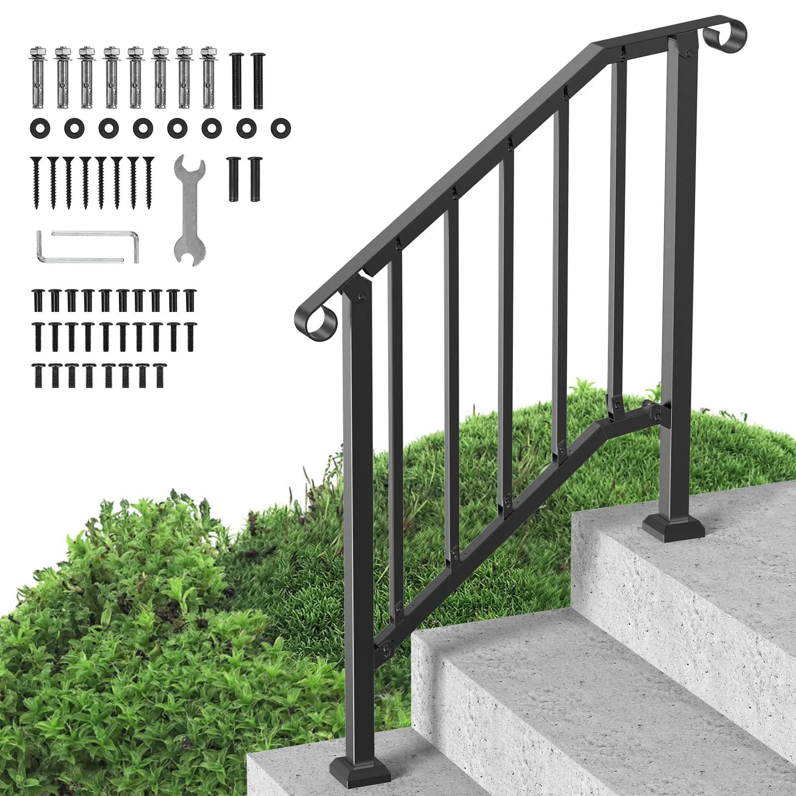 【SummerFinds】VEVOR Handrails for Outdoor Steps,  2-3 Step Stair Hand Rail Kit, Transitional Carbon Steel Railings with Installation Kit, Stair Rails for Seniors, Concrete Steps & Porch & Deck, Black Retro Arch