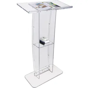 【FathersDayGift】VEVOR Acrylic Podium,  , 47" Clear Acrylic Podium Stand with Wide Reading Surface & Storage Shelf, Floor-standing Clear Pulpits Acrylic for Church Office School