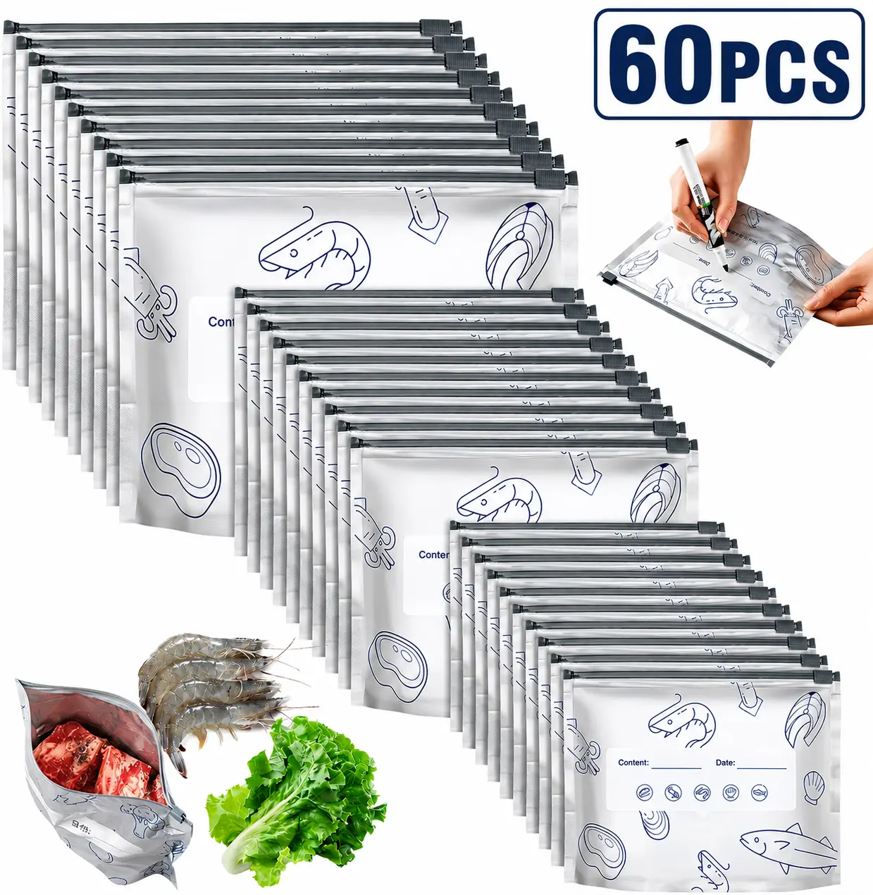 Thick Heavy-Duty Aluminum Foil Storage Bags Set - Reusable, Resealable Airtight Zipper Pouches with Stand-Up Bottom, Labels for Kitchen Food Storage Containers, Utensils (3 Sizes), Washable