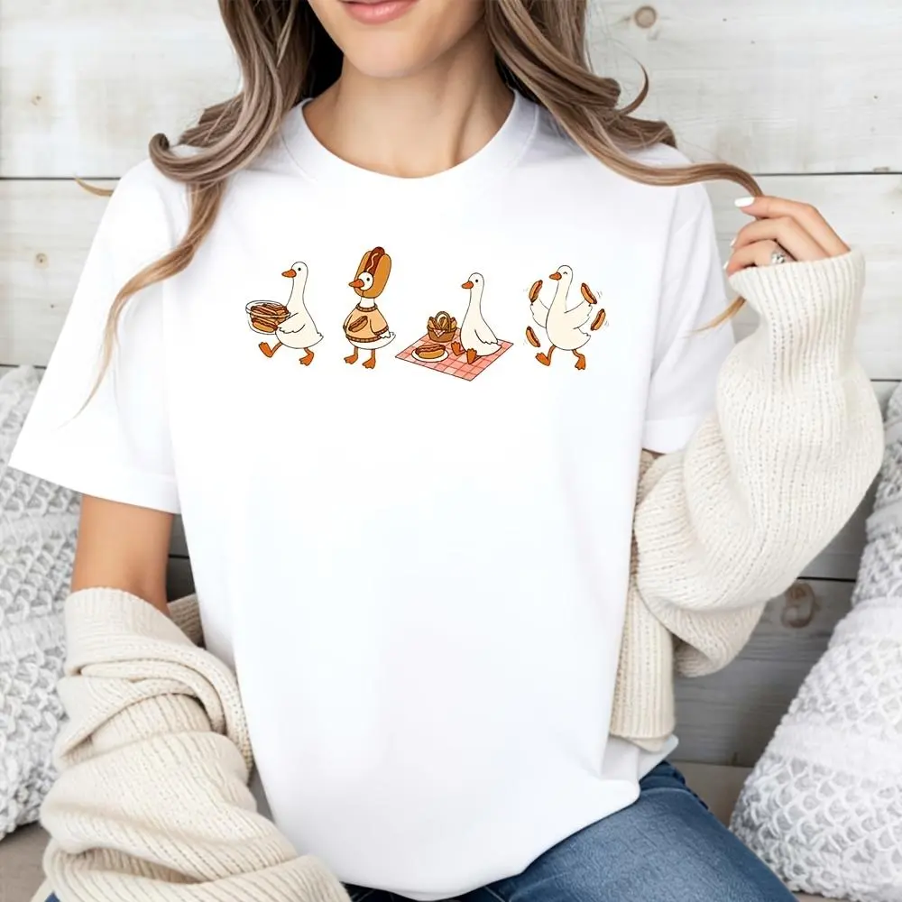 Casual Funny, Women's T-Shirt, Cartoon Geese Picnic With Pancakes And Syrup, Summer Spring Casual Wear, Gift For Friends Family Animal Lovers