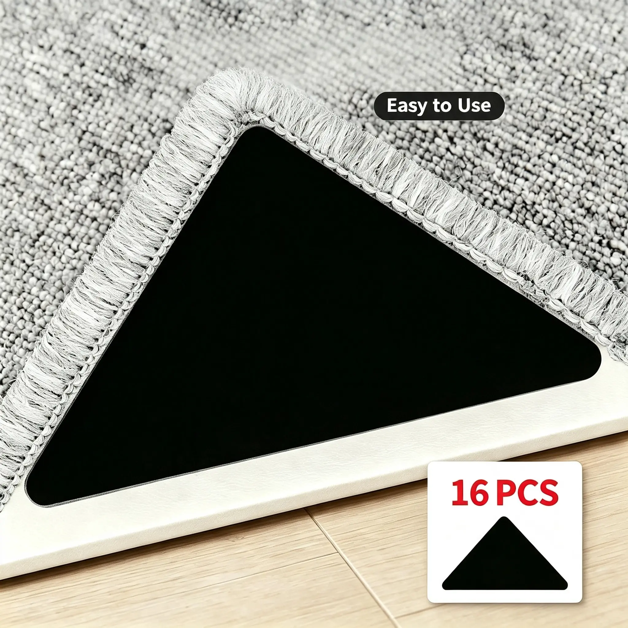16 Pcs Rug Tape, Non Slip Rug Pads Grippers for Hardwood Floors and Tiles, Reusable Carpet Tape for Area Rugs, Double-Sided Adhesive Rug Stickers Keep Corners Flat (Black)