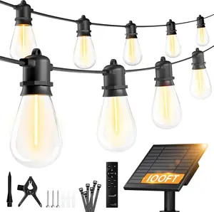 Minetom 100FT Solar String Lights Outdoor Waterproof, 31+2LED S14 Shatterproof Bulb, Patio Lights with Remote Type-C Port Timable, 3 Light Modes Dimmable Solar String Lights for Outside, Yard, Camping