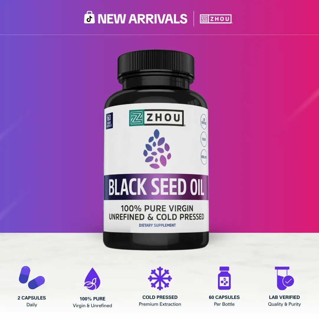 Zhou Black Seed Oil Capsules for Adults – Cold-Pressed Black Cumin Seed Oil Supplement with Omega-3-6-9 for Immune, Digestive & Skin Support