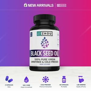 Zhou Black Seed Oil Capsules for Adults – Cold-Pressed Black Cumin Seed Oil Supplement with Omega-3-6-9 for Immune, Digestive & Skin Support