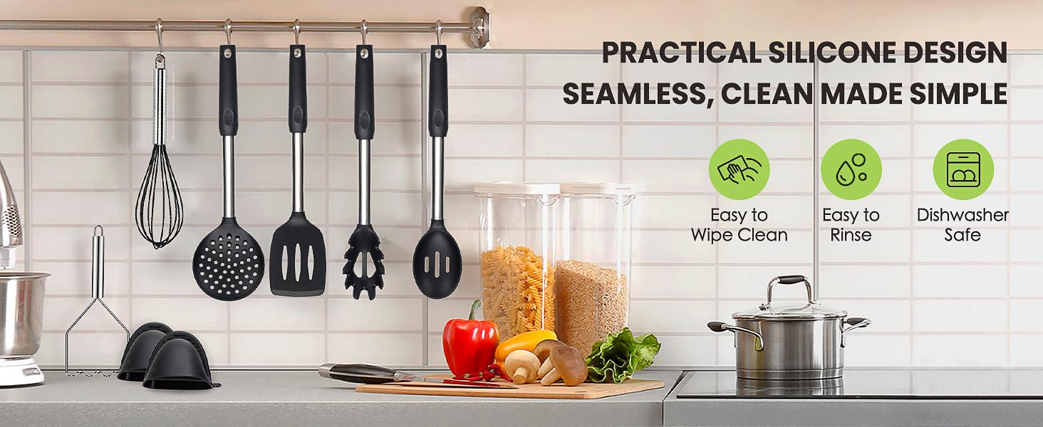 Large Cooking Utensils Set, 35 Pcs Spatula Set with Holder, Silicone Kitchen Utensils Set with Stainless Steel Handle, Cheese Grater, Scissors, Ice Cream Scoop, Pizza Cutter Kitchen Gadgets (Black) Cover Lightweight Large Cooking Utensils Set, 35 Pcs Spatula Set with Holder, Silicone Kitchen Utensils Set with Stainless Steel Handle, Cheese Grater, Scissors, Ice Cream Scoop, Pizza Cutter Kitchen Gadgets (Black) Cover Lightweight