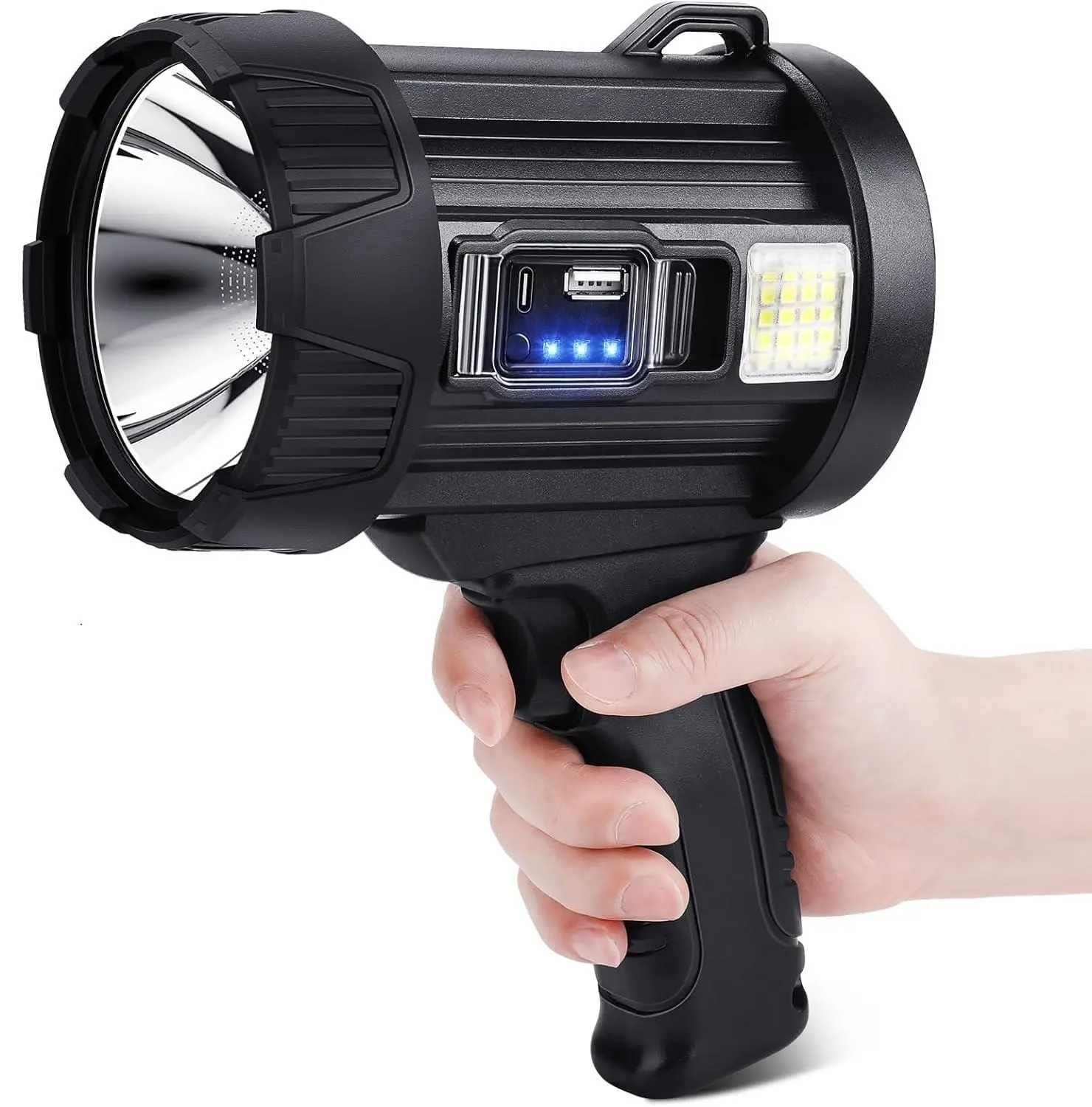 Rechargeable Searchlight, Bright LED Spotlight Flashlight, Long Running Spot Light Searchlight, Outdoor Handheld Spotlights with Solar Panels for Hunting,Camping,Boat,6 Spotlight Modes Strobe High