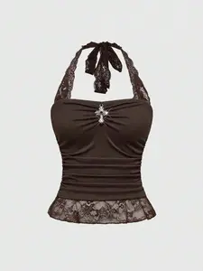 Gothic Y2K Sexy Contrast Lace Halter Crop Top With Cross Waist Ruched Bodycon Design