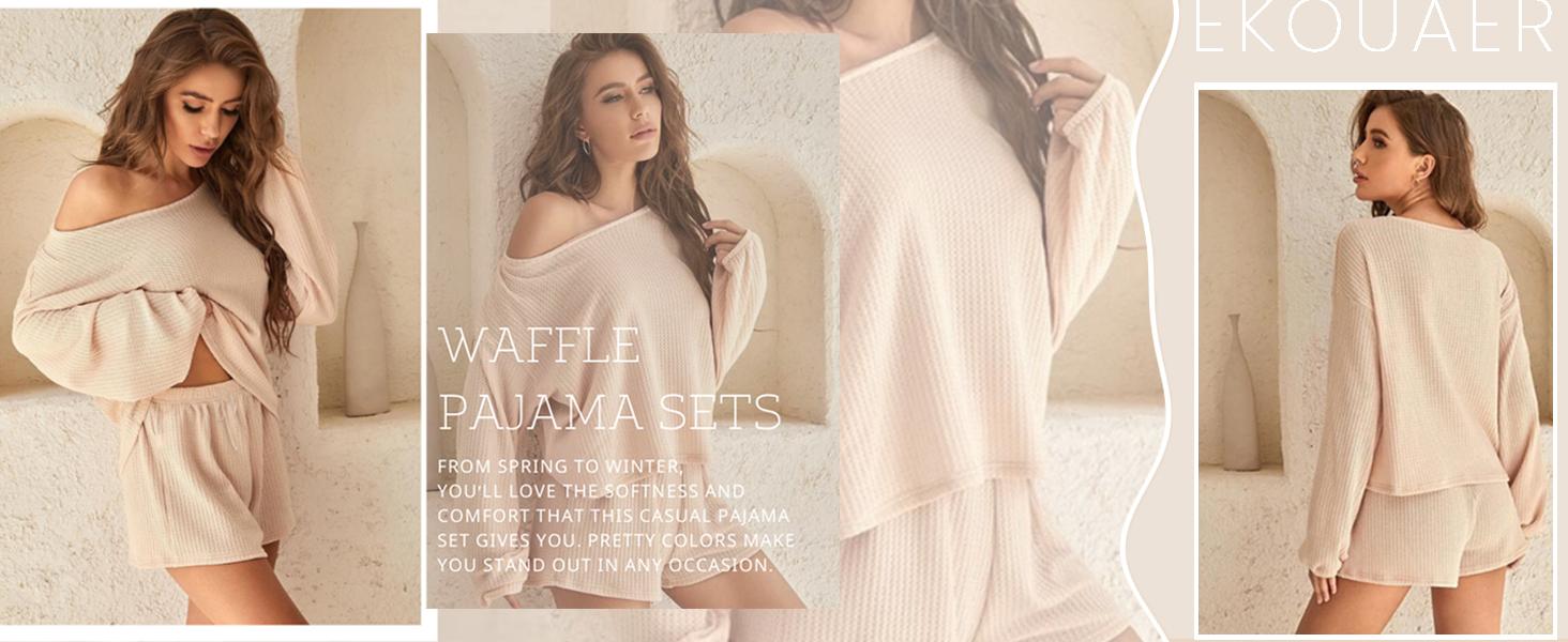EKOUAER Womens Waffle Knit Sets Long Sleeve Top and Shorts Matching Lounge Set Loungewear Sweatsuit with Pockets EKOUAER Womens Waffle Knit Sets Long Sleeve Top and Shorts Matching Lounge Set Loungewear Sweatsuit with Pockets