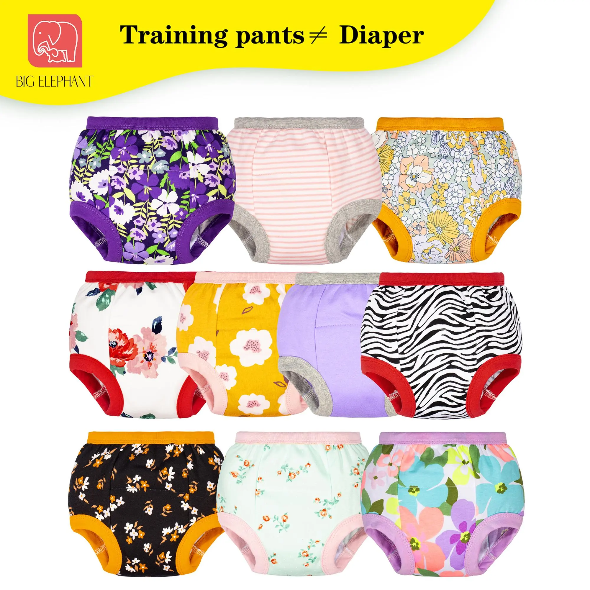 BIG ELEPHANT Toddler Potty Training Pants 10 Pack, Reusable 100% Cotton Training Underwear, Lightly Absorbent Not Diapers, Daytime Use for Boys Girls,Back to School