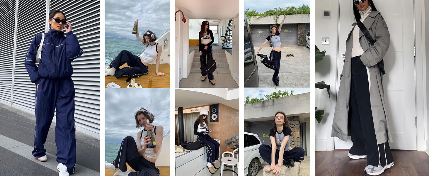 Ommig Women's Parachute Wideleg Pants Baggy Y2K Elastic Waist Wide Leg Track Pants Trousers Casual