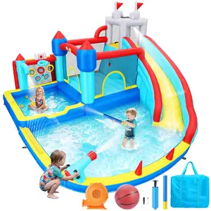 AKEYDIY 13 in 1 Inflatable Water Slide, Inflatable Bounce House for Kids 3-12, Large Bouncy Castle with Long Slide, Water Spray Belt, Sprinkler, Climbing Wall, Basketball Hoop, Water Park for Outdoor Summer Play, mothersdaygift
