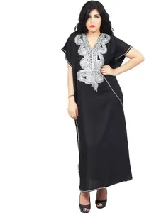 Moroccan Caftan for Women – Handmade Royal Blue Kaftan with Silver Hand Embroidery, Soft & Breathable Long Maxi Dress