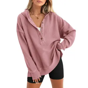 PRETTYGARDEN Womens Fashion Long Sleeve Hoodie Oversized Button Up V Neck Sweatshirt Side Slit Casual Pullover Tops for Fall Cozy Goals
