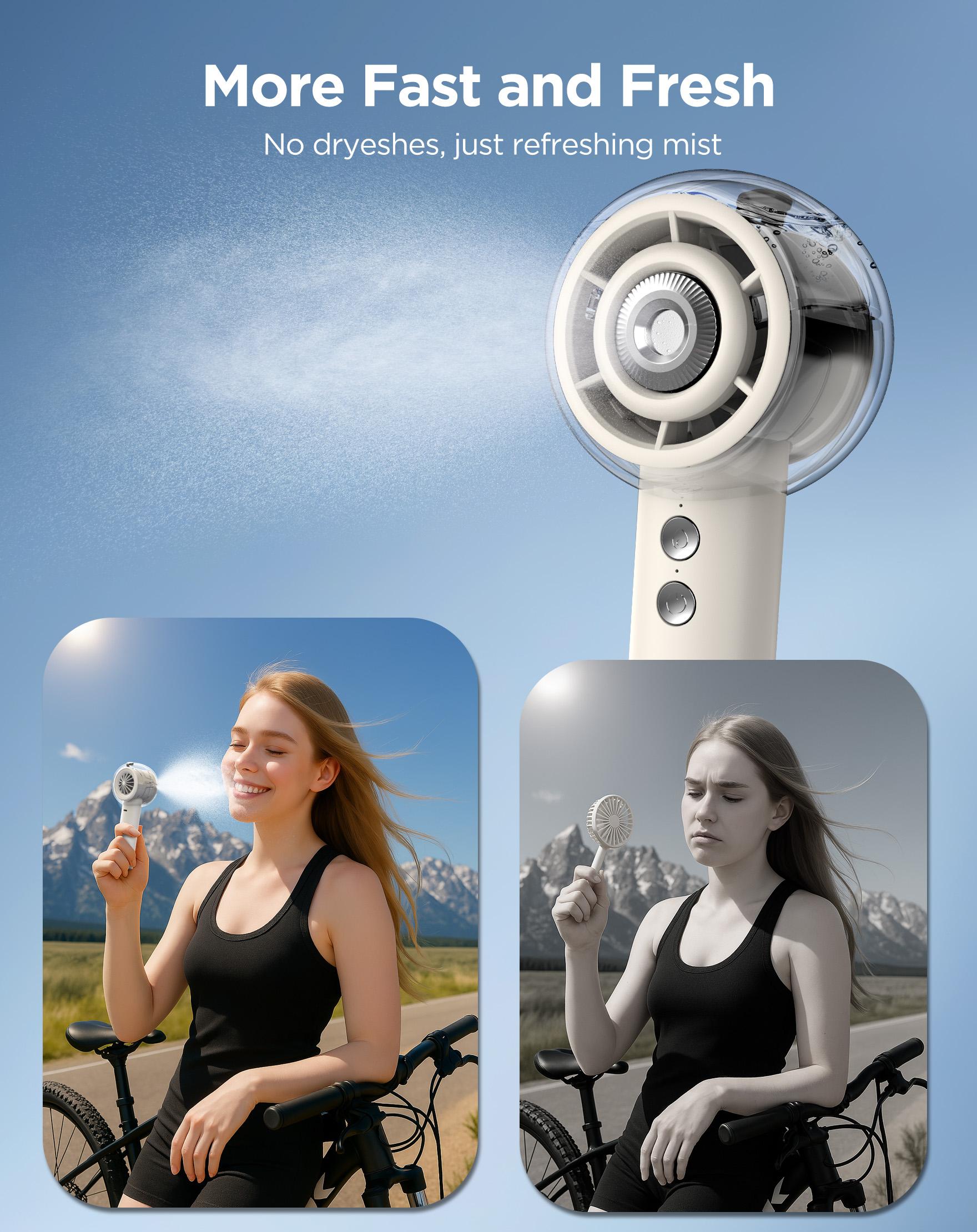 Portable Fan Handheld Mist Fan, High Speed ​​Cooling Fan 10 Hours Battery Life, USB Rechargeable, for Beach,Travel, Camping, Vacation Necessities Gift