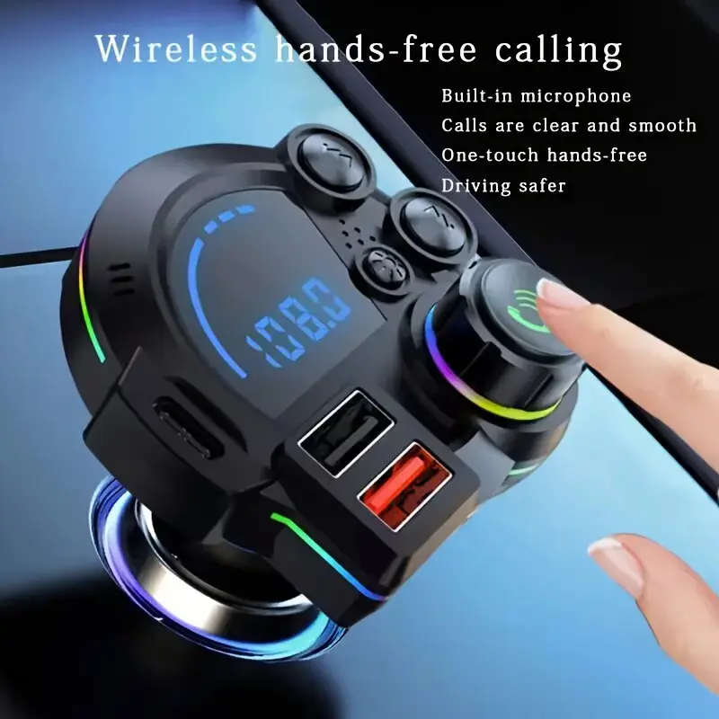 Bluetooth 5.3 Car FM Transmitter, 30W PD Fast Charging Wireless Radio Adapter & MP3 Player with Bass Boost, Hands-Free Calling & RGB Atmosphere Light – Essential Car Gadgets & Road Trip Accessories for iPhone & Android, Bluetooth Car Adapter, Rgb Lights