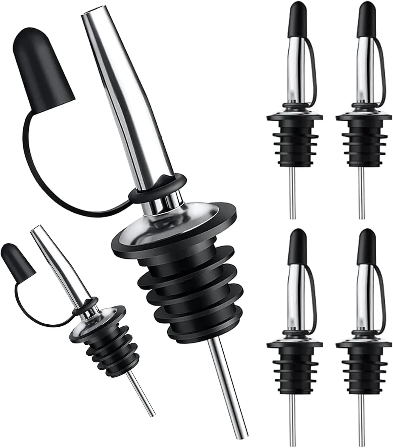 6-Pack Stainless Steel Liquor Bottle Pourers with Dust Caps - Leakproof, Tapered Cork, Reusable Silver Spouts for Wine, Whiskey, Olive Oil Dispensers