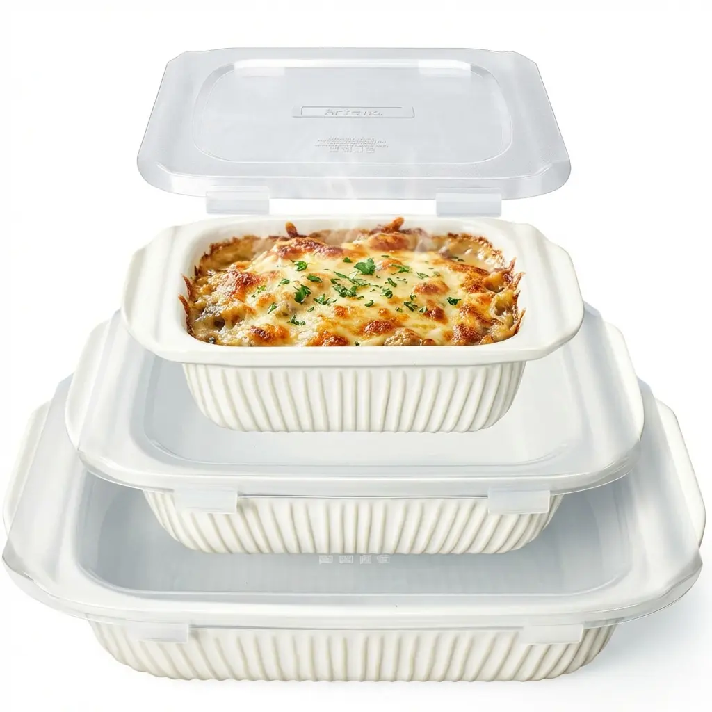 Ceramic Casserole Bakeware Set (Set of 3) - Rectangular Deep Oven-Safe Lasagna Baking Dish with Handles and Lids, Kitchen Essential Bakeware