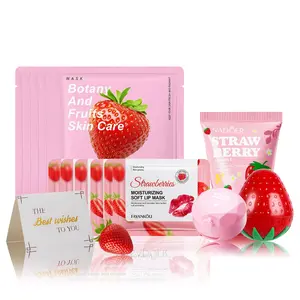16PCS strawberry set, hypoallergenic moisturizing skincare routine, suitable for all skin types, includes 6 face masks, 6 lip masks, 1.06 oz hand cream, 0.46 oz moisturizing lip mask, 1.23 oz body lotion, and a greeting card, for day and night use Barrier