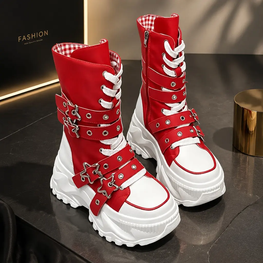 Women's Chunky Platform Lace-Up Fashion Boots - Y2K Streetwear Footwear with Star Buckle Design for Casual Everyday Wear