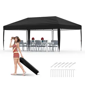 10x20ft Pop Up Canopy Tent,Heavy-Duty 210D Oxford Fabric & Rust-Proof Frame - 3 Adjustable Heights, Roller Bag, 4 Sandbags - UV Protection,Black