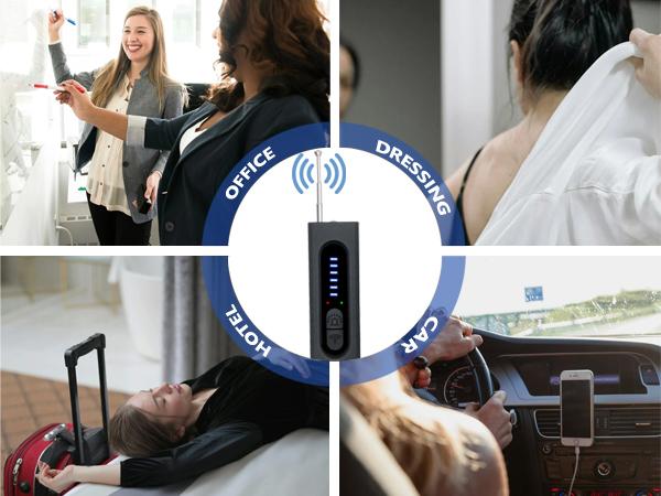 AI Hidden Camera Detectors, GPS Tracker detector, Spy Camera Detector, Bug Detector, RF Signal Detector, Listening Device Detector, 6 Levels Sensitivity, 4 Detection Modes, 30H Working Time for Travel, Car, Bathroom, Office, Hotel, Airbnb, Renta
