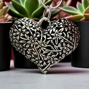 Floral Heart Purse Charm – Silver Botanical Keychain for Her