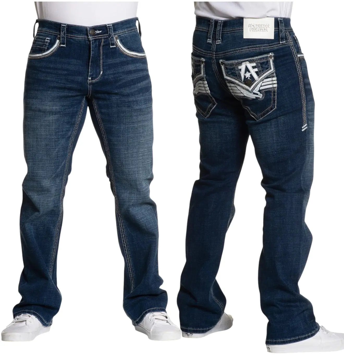 American Fighter Mens Heritage Straits Bootcut Jeans, Cotton with 1% Spandex for Easy Flex, 34" Inseam Full-Length Mid-Waist, Stretch Blend Elastane, Plain Solid Casual, All Seasons, Cold Wash, Zipper