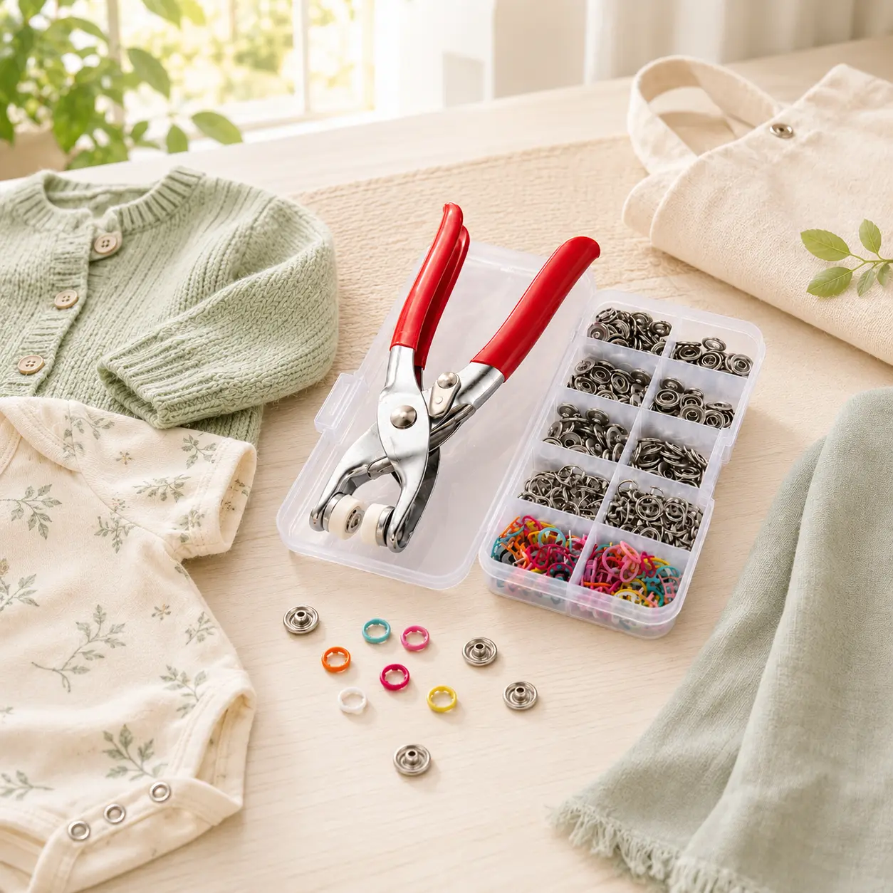 Compact Metal Body No-Sew Snap Fastener Pliers Kit with Metal Snap Buttons, Colorful Prong Rings - Hand Press Clothing Fix Tool for Baby Clothes, DIY Crafts