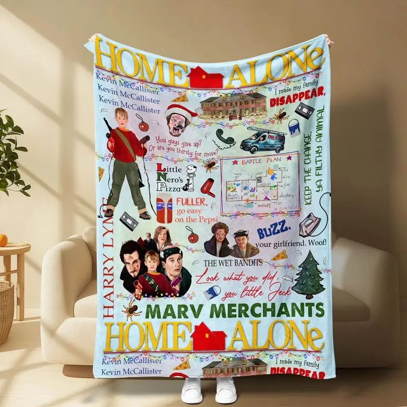 Home Alone themed Christmas blanket featuring Kevin, Wet Bandits, pizza, battle plan, and iconic quotes. Cozy, soft, and festive, perfect for holiday décor, movie nights, or as a fun Christmas gift for family, friends, and fans of the classic film.