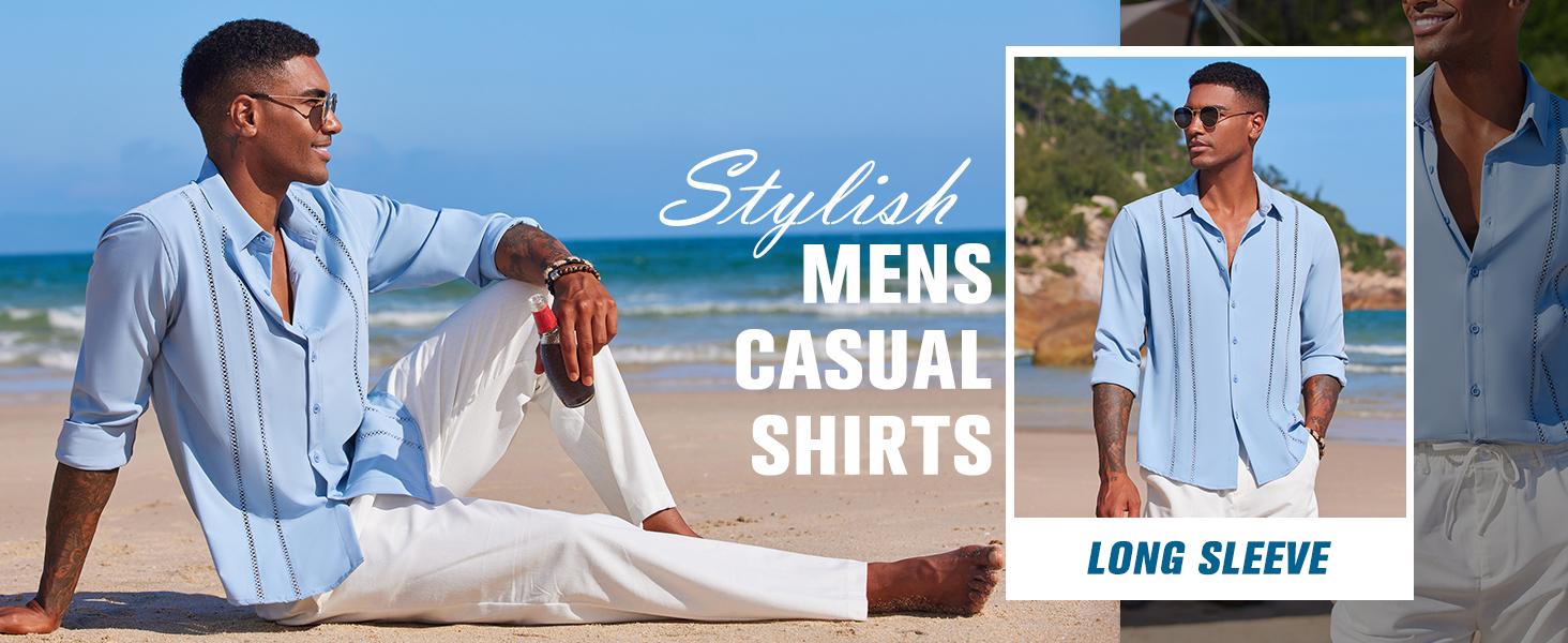 COOFANDY New York Fashion Week Mens Cuban Guayabera Lightweight Shirt  Casual Button Down Shirts Long Sleeve Beach Linen Shirts Menswear Tropical