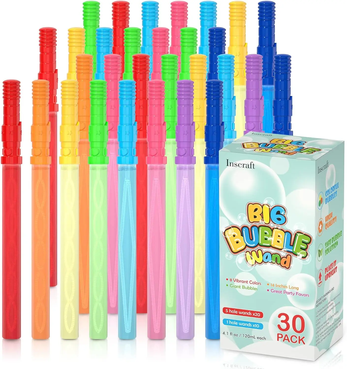 Inscraft Giant Bubble Wands, 30-Pack 14in 8-Color Child-Safe Unisex Summer Toy for 3+ Years, Graduation Party Favors, Outdoor Activities with 8 Color Bubble Mix for Kids & Lovers, Giant Bubbles, Carnival