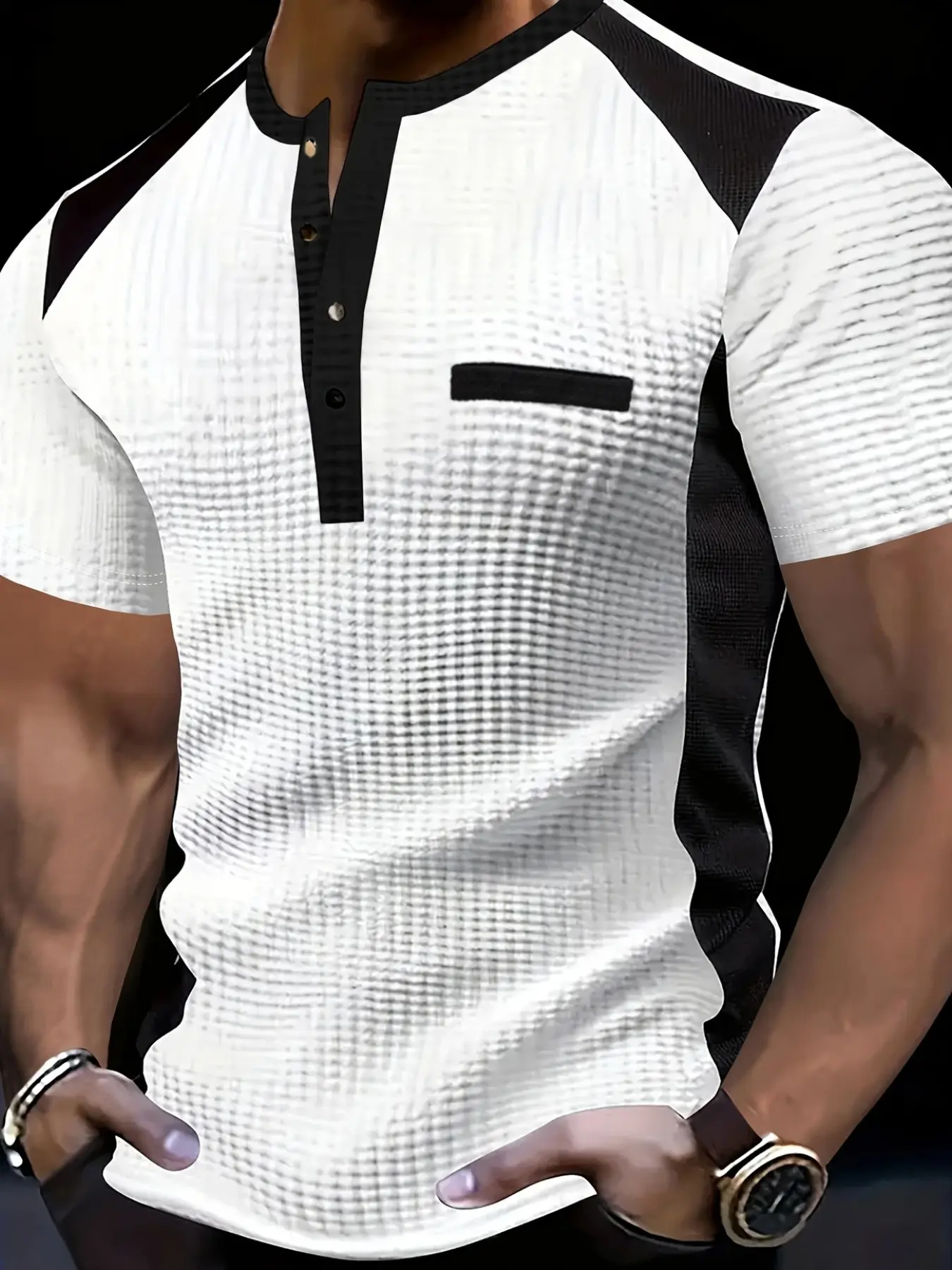 Men's Fashion Business Henley Shirt, High-End Top for All Seasons, Fake Pocket Design, Breathable Waffle Fabric