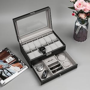 SUNNYGLADE 12 Slot PU Leather Lockable Watch Storage Boxes, Men & Women Jewelry Display Drawer Case, 2-tier Organizer Watch Showcase with Glass Lid