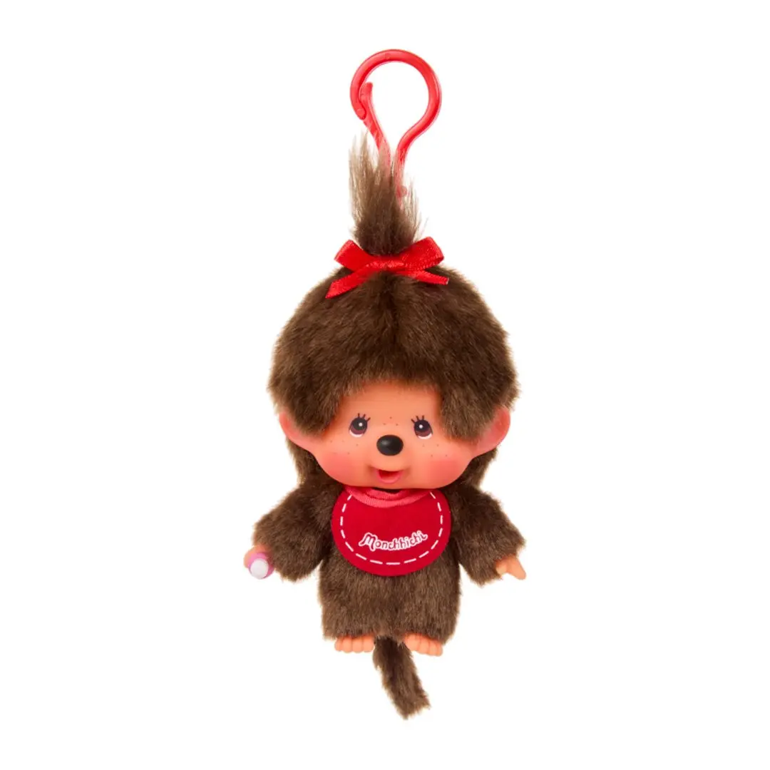 Monchhichi Classic Girl Keychain, Retro Style Collector's Edition Plush with Red Bow, Kawaii Accessories for Bags, Keychain For Bags, Adorable Red Hair Bow
