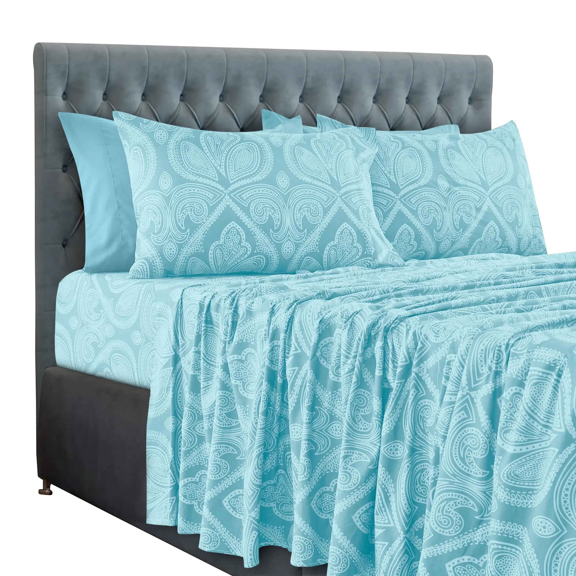 LUX DECOR 6-Pc Paisley Sheets & Solid Embroidered Bedsheet Set- Queen Sheets & Pillowcases - Upto 16" Deep Pocket Hotel Luxury Sheets Cozy Comfy Breathable & Cooling Sheets - Decorative Bedsheet Set - Summer Gifts