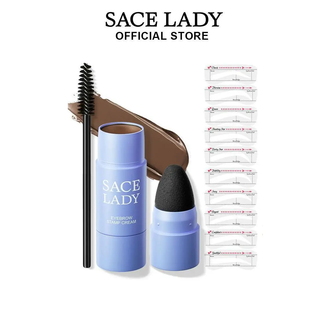 SACE LADY Waterproof Eyebrow Stamp Cosmetic Kit - Pigmented Long-Lasting Brow Cream, 10 Reusable Stencils, Brush, Easy-to-Use, Natural-Looking for Oily Skin (Single Item), Water Proof