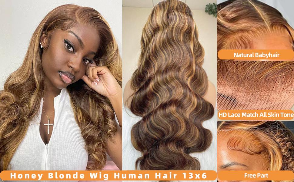 Honey Blonde Lace Front Wig Human Hair 13x4 HD Transparent 4/27 Highlight Ombre Lace Front Wigs Human Hair Pre Plucked With Baby Hair 180% Density Body Wave Glueless Wigs