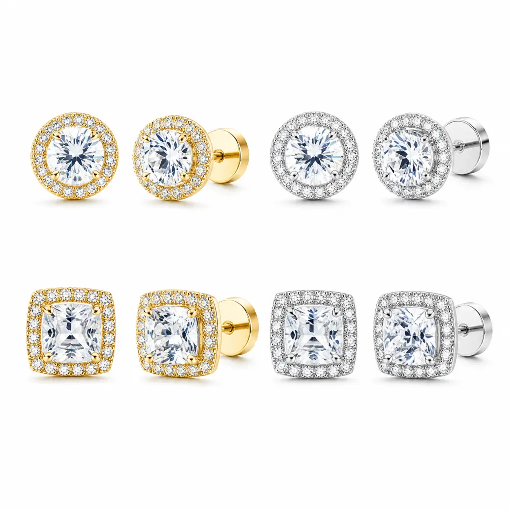 Luxury Women's 4-Pack Halo Zircon Stud Earrings, 2-Tone Gold-Silver Round Square Flat Back Studs, Daily Office Wedding Accessory, Hypoallergenic Sparkling Jewelry with Gift Box, Birthday Gift for Her