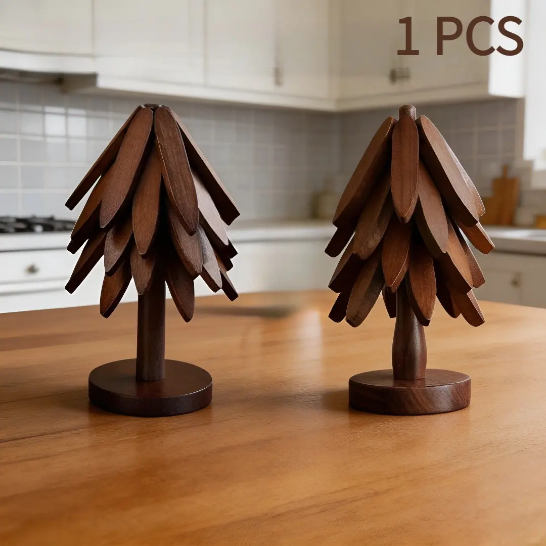New Wooden Coasters Set for Hot Dishes - Christmas Tree Design! Foldable Home Kitchen Decor for Pots, Bowls, Cups & Hot Pots Kitchenware