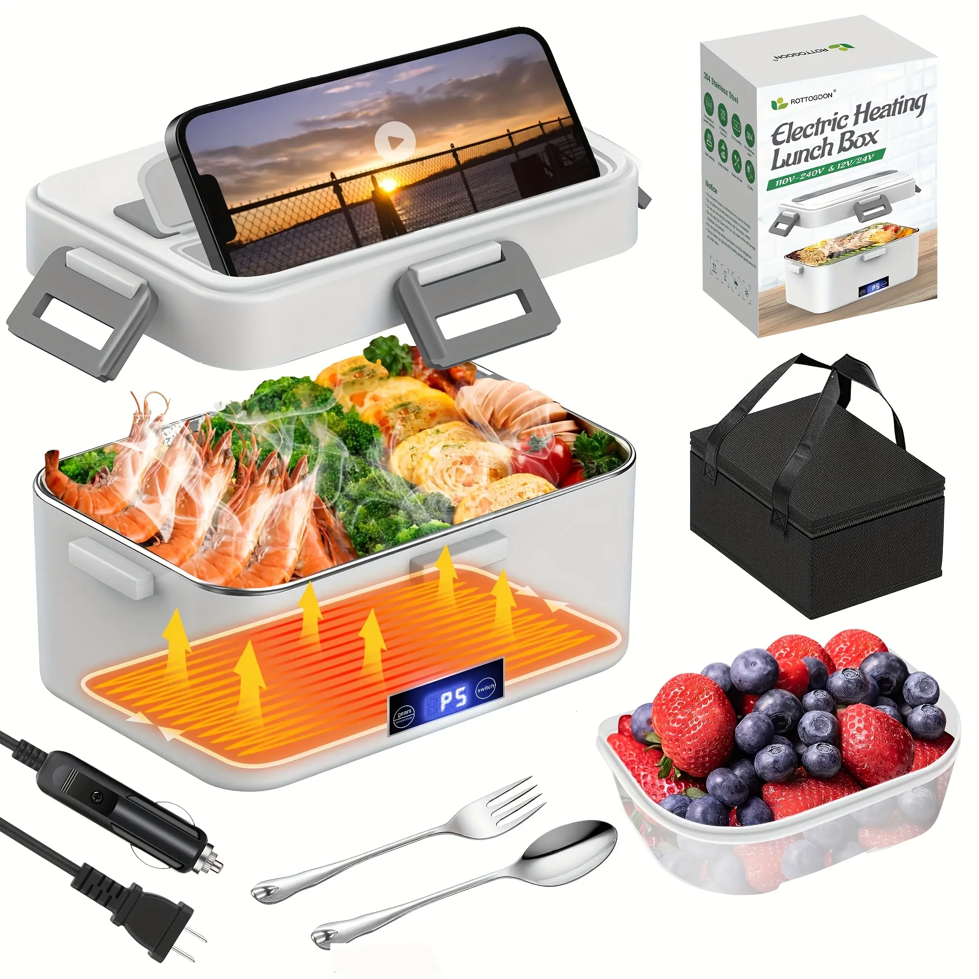 Electric Lunch Box 80W Food Warmer Heater 12V 24V 110V Heated Lunch Boxes For Adults For Car/Truck Portable Food Heating Boxes With 1.8L Container And Digital Screen