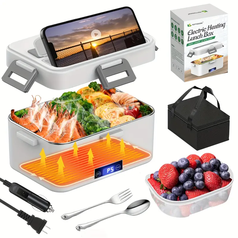 Electric Lunch Box 80W Food Warmer Heater 12V 24V 110V Heated Lunch Boxes For Adults For Car/Truck Portable Food Heating Boxes With 1.8L Container And Digital Screen