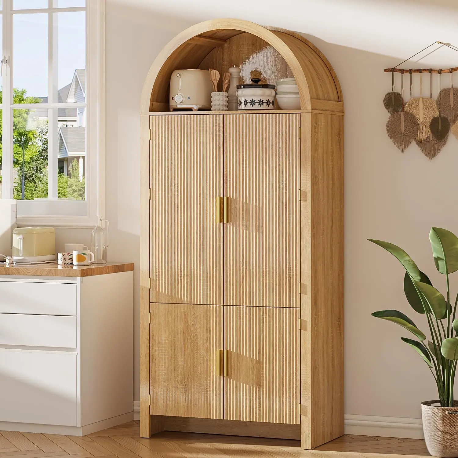 PUKAMI Durable Arched Top Wood Pantry Cabinet (71"h x 31"w x 16.4"d) - Fluted Detailing, Wall Anchor Safety, Arched Top Access, Adaptable Shelves, Spice Organization, Natural Finish for Kitchen, Bathroom, Sturdy