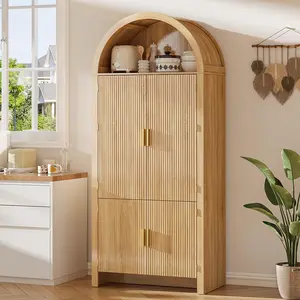 PUKAMI 71" Arched Kitchen Pantry Cabinet, Fluted Wood Storage with 3 Adjustable Shelves & 6 Door Shelves, Modern Organizer for Kitchen, Bathroom, Natural Wood Finish