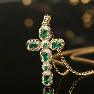 Elegant Green Religious Cross Pendant Necklace for Women Adorned with Dazzling Rhinestones Perfect Fashionable Street Style Collar Chain Jewelry Gift Suitable for Everyday Wear and Gifting