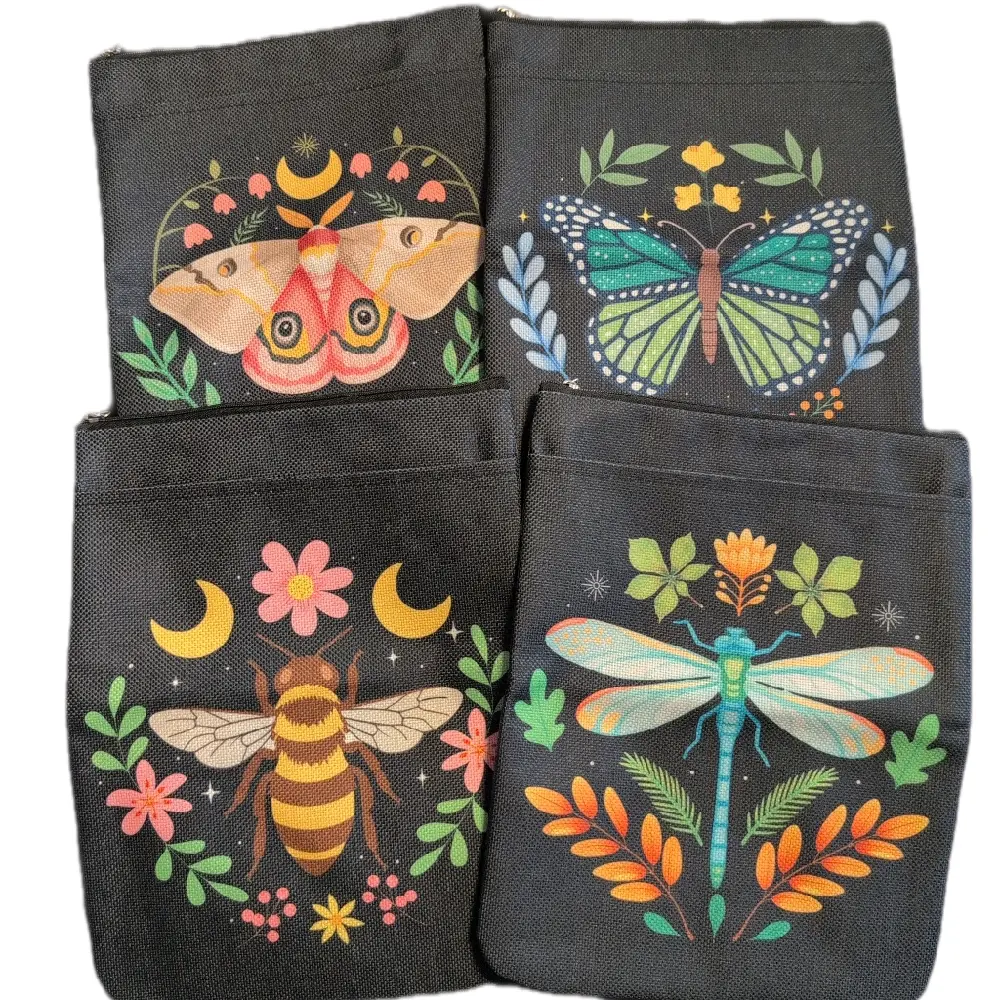 Nature Lover Book Tablet Sleeve 12x9in Waterproof Black Bag for Readers with Butterfly Dragonfly Bee Designs Ideal for Travel and Organization